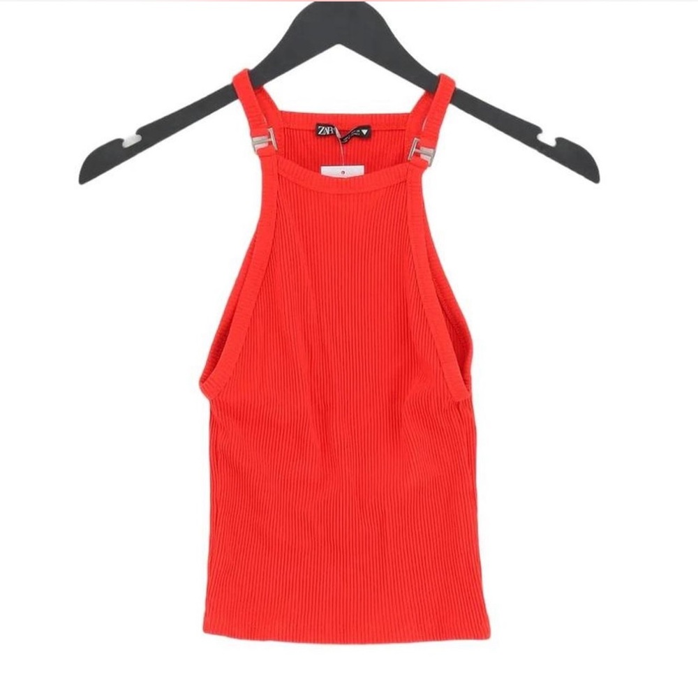 Red orange large Zara halter neck tank top with silver metal details